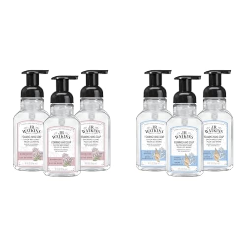 J.R. Watkins Foaming Hand Soap, Moisturizing Foam Hand Wash, All Natural, Alcohol-Free, Cruelty-Free, USA Made, Rosewater, 9 fl oz, 3 Pack and Ocean Breeze, 9 fl oz, 3 Pack Bundle