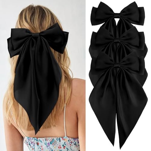 Velscrun 3Pcs Hair Bows for Women Black Hair Bow Big Hair Bows Clips for Girls Silky Satin Large Hair Ribbons Oversized Long Tail Hair Bows Hair Barrettes Hair Accessories Christmas Gifts