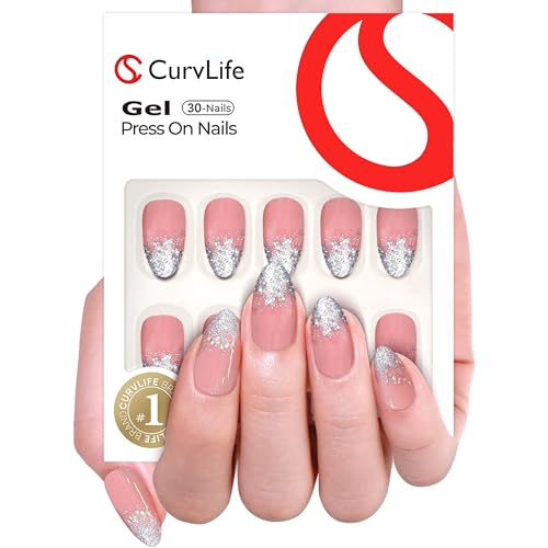 CurvLife Medium Almond Glitter Press-On Nails - Apricot Pink Sparkle, Long-Lasting Gel Finish