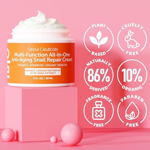 SeoulCeuticals Snail Mucin Moisturizer 97.5% - Korean Skin Care Snail Repair Cream - Day & Night Anti Aging K Beauty Skincare Cruelty Free 2oz (Pack of 2)