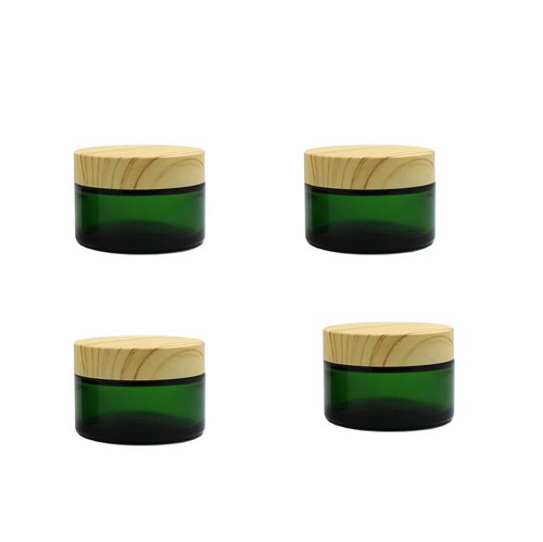 4Pack 30g 1 oz Glass Cream Jars, Green Empty Sample Jars Cosmetic Containers Pot with Wood Grain Lids for Lotion, Lip Balm, Eye Cream, Scrubs, Oils, Salves, Ointments