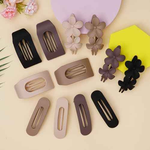 12 Pack Flat Hair Clips for Women ? Matte Neutral Square Claw Clips, Flat Barrettes & Flower Pins in Black, Blonde,Light Brown & Dark Brown, Soft Touch Hair Accessories for Thick & Thin Hair
