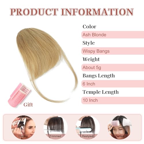 Lommel Clip-In Bangs Human Hair Wispy Curtain Fringe for Women, Natural Ash Blonde