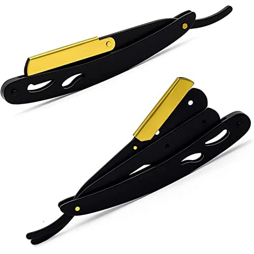 Professional Straight Edge Shaving Razor Barber Razors For Men + Single Blades, Men's Manual Shaver Salon Quality Cut Throat Shavette Navajas Para Barbero Matte Black, 11Pcs (Gold Plated Clip)