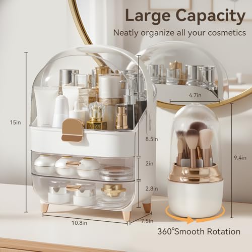 Large Capacity Makeup Organizer with Brush Holder & 2 Drawers - Rose Gold