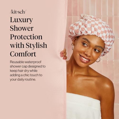Kitsch Reusable Satin-Lined Flexi Shower Cap - Terracotta Checker