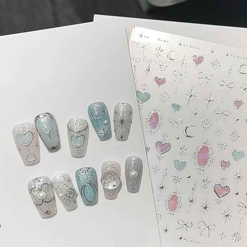 Flower Nail Stickers for Nail Art Decals Charms,5D Embossed Floral Butterfly and Heart Gem, Self-Adhesive 5 Styles Craft Nail Supplies 2 Sheets with Tweezers Kit for Women Decoration