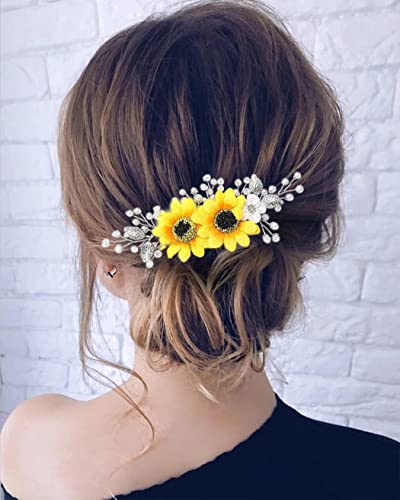 Silver Sunflower Bridal Hair Comb with Pearl & Crystal