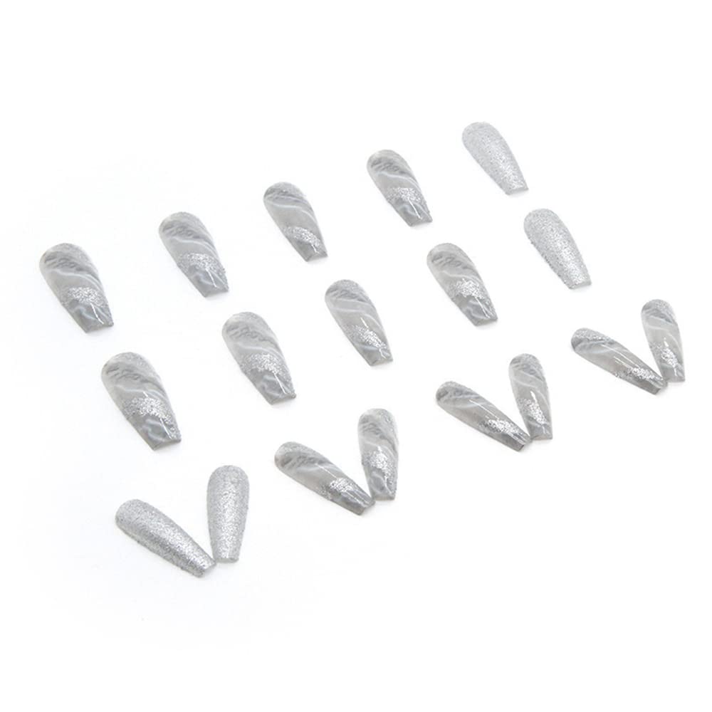 Sparkly Shiny Long Coffin Press On False Nails Medium Length Full Cover Acrylic Fake Nails Ballerina Nails for Women Lady Fashion Nails for Nail Salons and Home DIY Nail Art 24PCS (BKS1631 Gray)