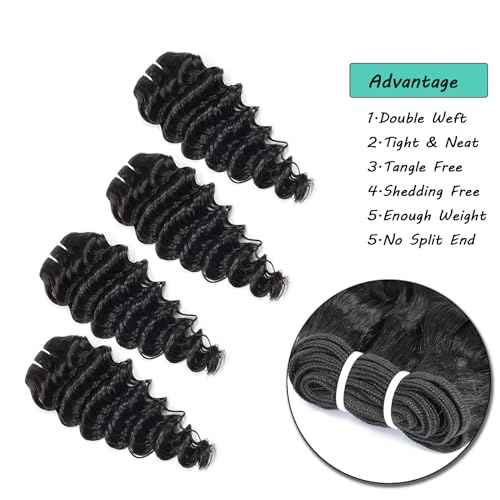 Deep Wave Human Hair bundles 16 Inch 12A Grade Brazilian Hair 100% Virgin Weave Bundles for Black Women (16'' 16'' 16'' 16'')