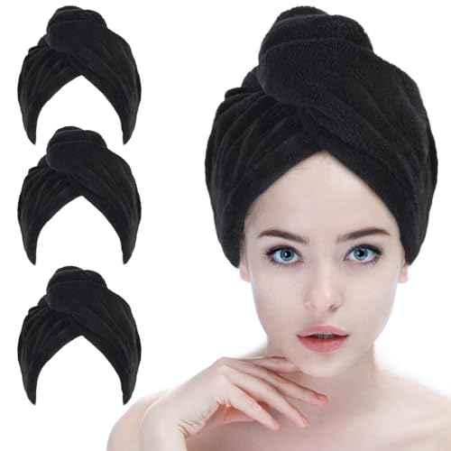 Hair Drying Towel Cap 3-Pack with Button - Quick Dry