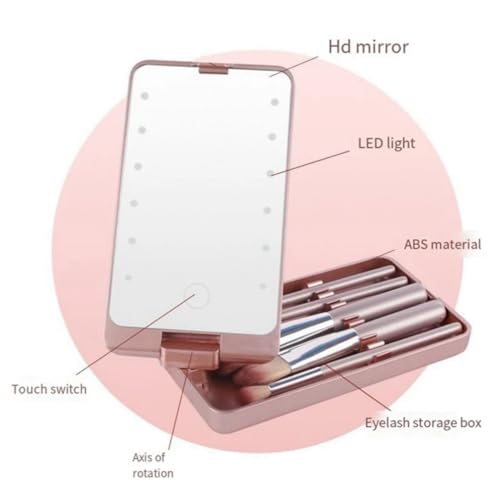 Portable Makeup Mirror with LED Lights, Rechargeable LED Makeup Mirror with Brush Set, for Women, Birthday Gift for Teens (Pink)