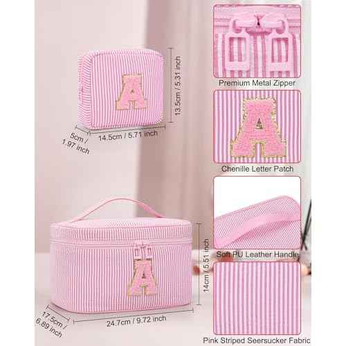 Initial Makeup Bag Set for Girls&Women,Monogram Cosmetic Bag with Brush Holder,Personalized Make Up Case for Girlfriend Graduation Teacher Gifts,Cute Toiletry Bag Preppy Chenille Letter Patch,Pink A
