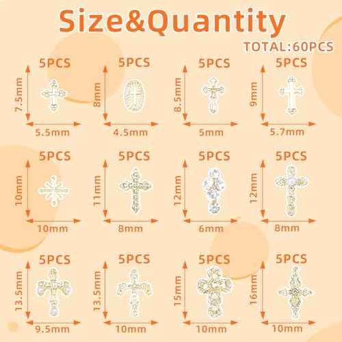 60 Pcs Gold Coss Nail Charms, 12 Styles 3D Cross Gold Nail Charms Crosses Star Nail Charm and Gems, Mixed Crosses Golden Charm for Acrylic Nails Y2K DIY Accessories