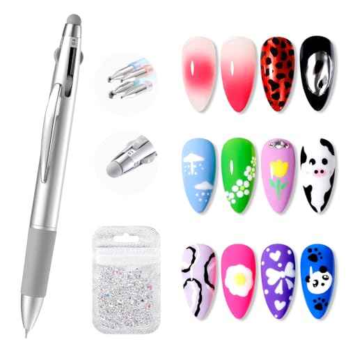 Gellen 5-in-1 Nail Dotting Pen with Ballpoint Pen Design & Nail Rhinestones, Double-end Nail Dotting Tools for Dotting, Gems, Gradient, Chrome Powder, DIY Manicure Home Salon Nail Art Tools
