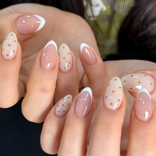 Stbisen 65-Polka French Charm Short Almond Press On Nails 32Pcs - Brown Polka Dot