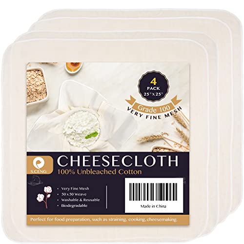 Precut Cheesecloth, 25 x 25'' 4 Pack, Grade 100, Ultra Fine Muslin Cloth for Straining & Cooking, 100% Unbleached Cotton Cloths