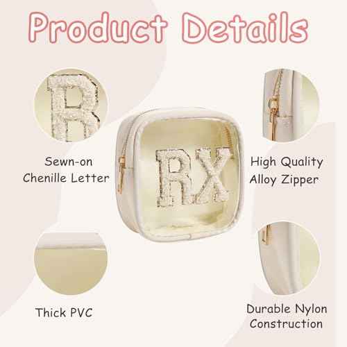Small Chenille Letter Clear Medicine Makeup Bags,Nylon PVC Waterproof Rx Pouch with Metal Zipper, Cute Drug First Aid Travel Organizer for Women Girls(06Beige)