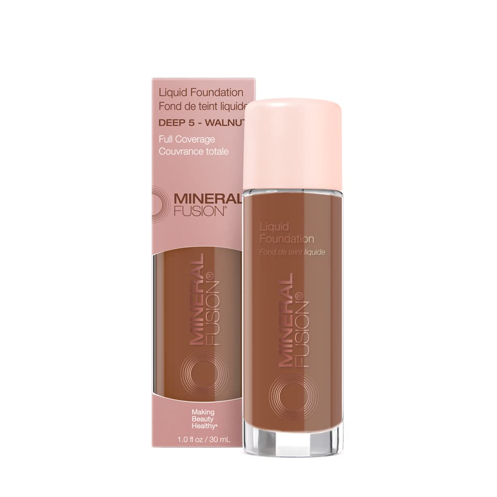 Mineral Fusion Full Coverage Foundation, Liquid Foundation - Deep 5- Deep Complexion w/Warm Undertones, Lightweight Matte Finish, Up to 12 Hr Hydration, Hypoallergenic & Vegan, 1 fl. oz