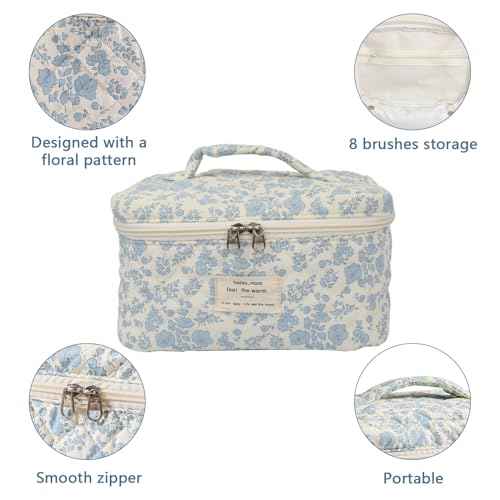 Large Makeup Bag, Cute Cosmetic Bag for Women Girls, Floral Coquette Aesthetic Toiletry Bag, Travel Make Up Organizer Bag (White Blue Butterfly Flower)