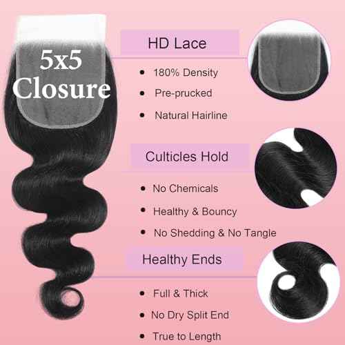 Body Wave 5x5 Lace Closure 12A Brazilian Virgin Remy Human Hair Closure for Women Hd Transparent Lace Free Part 100% Human Hair Natural Black 20 Inch