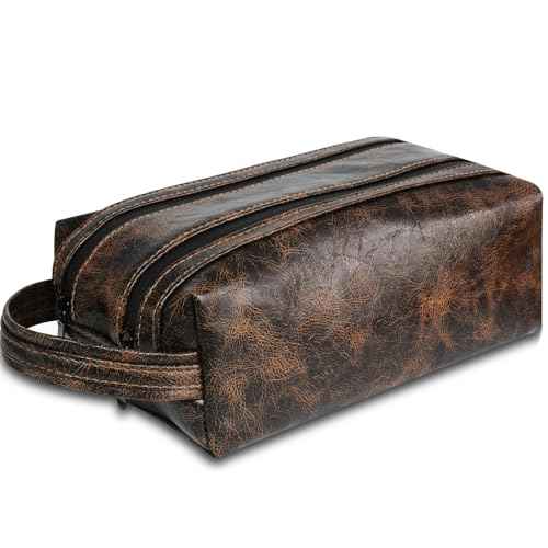 Travel Toiletry Bag for Men, Vintage Dopp Kit, Water-resistant PU Leather Shaving & Bathroom Organizer, Durable Portable Grooming Kit, Small Cosmetic & Toiletries Case for Travel & Business