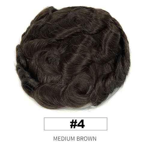 0.08mm PU Skin Human Hair System for Men, 8x10 Inch PU Base Knotless V-Looped Hairline 110% Medium Density Toupee #4 Medium Brown