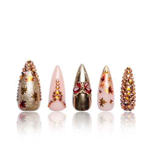 LOVFUL Press on Nails Luxurious Exquisite Autumn | Handmade with Full Covered Crystals | Reusable Full Cover Nails | Stiletto Classic Regular 1.3 in | H342-L