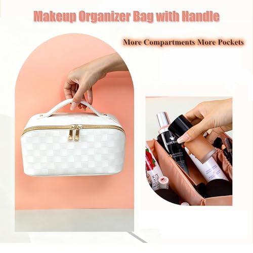 Cosmetic Bag,Travel Makeup Bag, Large Capacity Cosmetic Bags for Women, Waterproof Portable Open Flat Toiletry Bags,Makeup Organizer Bag with Divider and Handle, Cosmetic Pouch Gifts for Women (White)