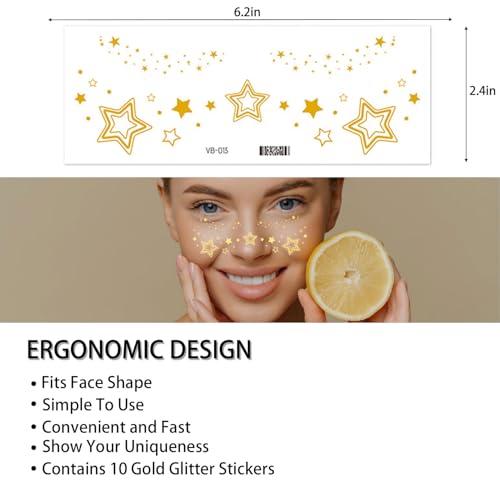 10 Pcs Gold Glitter Stars Temporary Face Tattoos - Waterproof