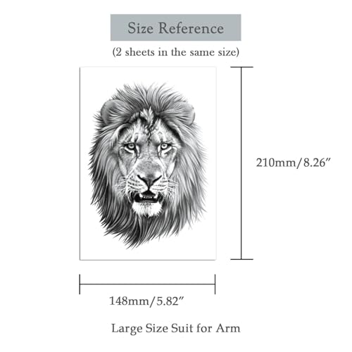 2 Sheets Realistic Animal Temporary Tattoos Stickers Sketch Lifelike Lion Roar Designs For Men Waterproof Arm Leg Fake Body Art, Gym & Parties Bold Masculine Decals