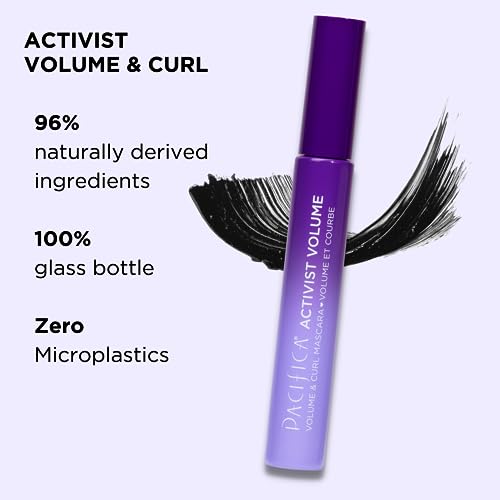 Pacifica Beauty | Activist Curling Mascara | Black | Volume and Length | Vegan Brush | Glass Tube | Clean Eye Makeup | Plant-Fibers | Microplastic + Nylon 6 Free | Vegan, Talc-Free, Cruelty-Free