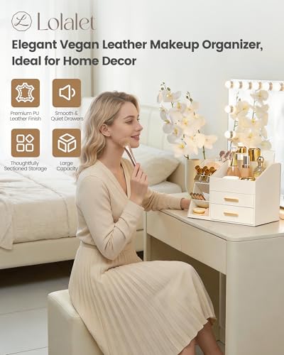 Lolalet PU Leather Makeup Organizer with Drawers - 3-Layer Cosmetic Holder for Vanity