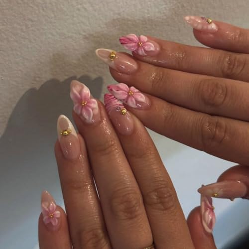 Medium Almond French Tip Press on Nails with 5D Flower Design - 24 Pcs