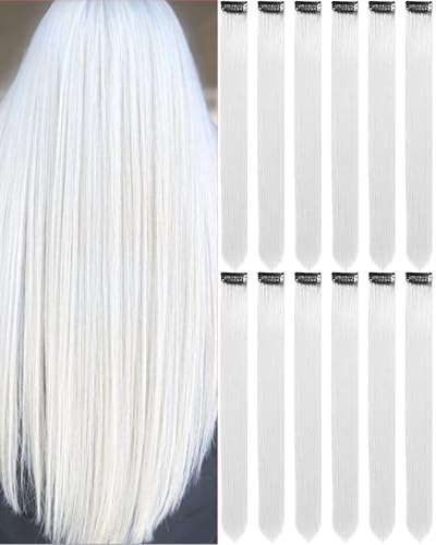 Olldag 20 Inch Colored White Hair Extensions Party Highlights, Straight Hairpiece Clip in Synthetic Hair Extensions for Kids Girls (12 Pcs White)