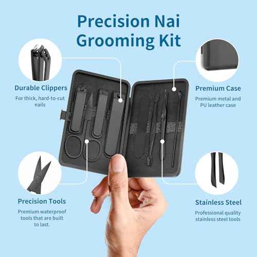 Precision 8 Pieces Men¡¯s Nail Grooming Travel Kit, Stainless Steel Manicure Set with Fingernail & Toenail Clippers, Nail File, Slant Tip Tweezers, Cuticle Scissors, Cuticle Pusher, Travel Case