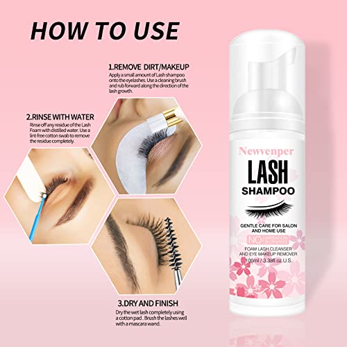 Lash Shampoo for Eyelash 100ML + Brush & Mascara Wand Eyelid Foaming Cleansing, Eyelash Extension Cleanser Remover,Makeup Remover,Salon and Home Use