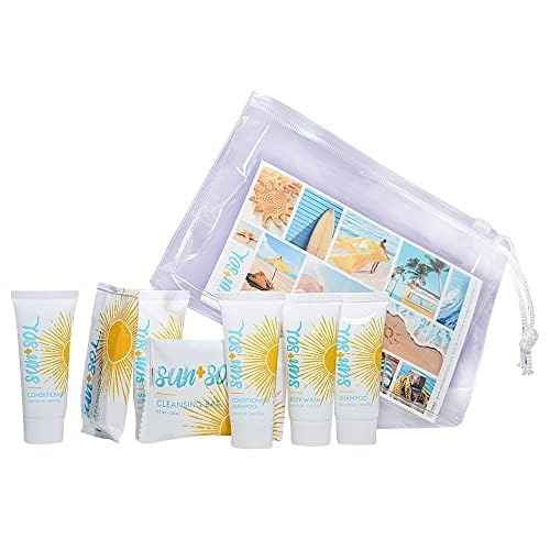 World Amenities - Sun + Sol Mini Size Hotel Toiletries Bathroom Kit | Warm Coconut & Vanilla | Shampoo, Conditioner, Body Wash, Lotion, Cleansing Bar, Refreshing Soap Bar and Moisturizing Massage Bar