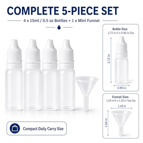 Adkoat 15ml Dropper Bottles - 4 Pack with Funnel | BPA-Free