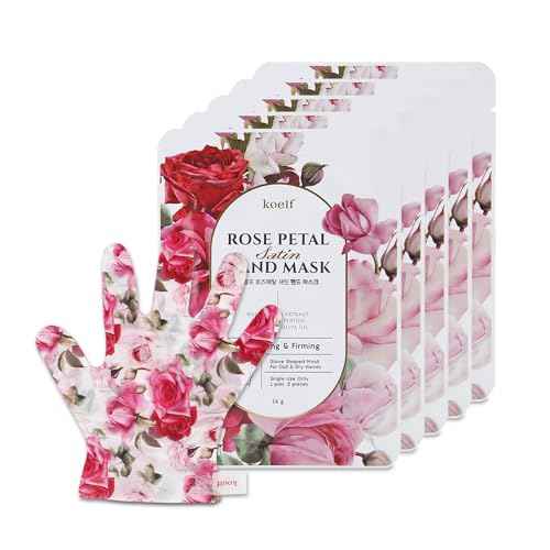 koelf PETITFEE Rose Petal Satin Hand Mask (5pairs) - Intensive Nourishing, Moisturizing Gloves, Rose Scented Hand Repair Masks with Peptide, Collagen, Shea Butter for Silky Smooth Hand, Hand Treatment