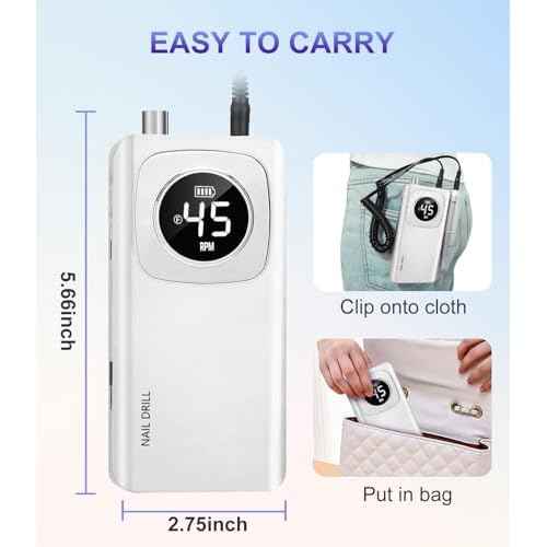 Portable Nail Drill Professional 45000 RPM, Rechargeable Electric Nail File Machine E File for Acrylic Gel Polishing Removing, Cordless E-File with Bits Kit for Manicure Salon Home