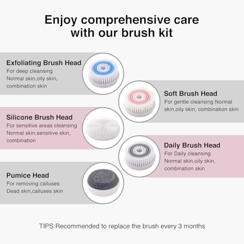 Electric Facial Cleansing Brush with 2-Way Rotation & 5 Heads