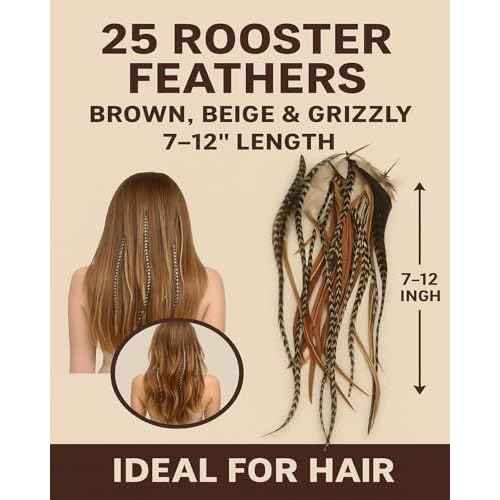 Sexy Sparkles Feather Hair Extension ? 25 Loose Long Natural Rooster Feathers in Brown, Beige, and Grizzly, All Individual Feathers, Ranging From 6 to 11 Inches in Length