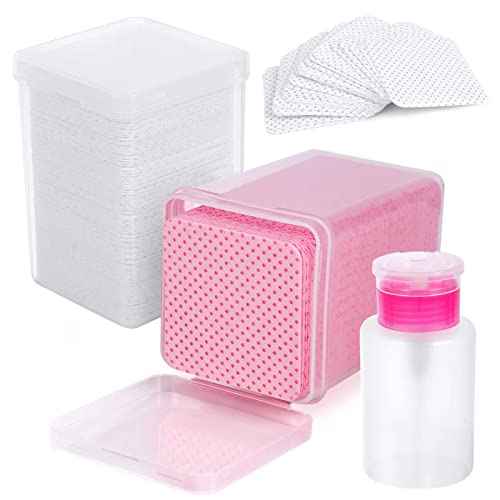400 Pieces Nail Cotton Pads,1 Pull-Down Pump Dispenser Bottle,Super Absorbent Soft Non-Woven Eyelash Glue Wipes,Nail Polish dehumidifier for Eyelash Extension Products and Nail Oil Bottle(Pink White)