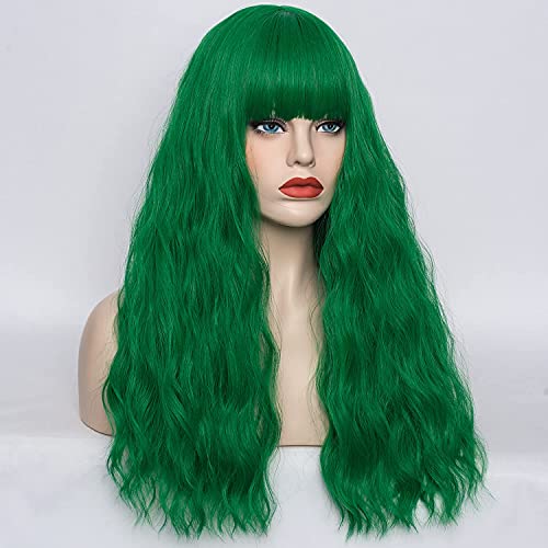 WGPFWIG Women's Dark Green Wig Short Curly Wavy Wig Shoulder Length Flat Bangs Wig For Women Girl Cosplay Party Halloween Wig Cap Included (22''Dark Green)