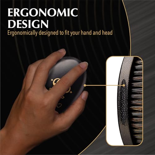 Red by Kiss Premium Pocket Wave Bow Wow Curved Palm Brush ? Boar Bristles for 360 Waves, Curved Design for Precision Control, Ideal for Coarse, Curly, Short Hair & Fades (Medium)