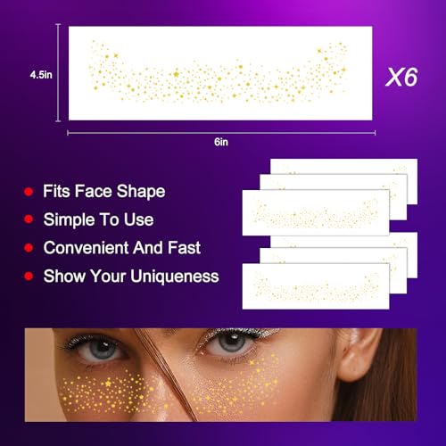 6 Pcs Gold Long Lasting Glitter Freckles, Cute Sparkle Makeup Patches, Waterproof Temporary Face Tattoo,Party Rave Glitter Makeup Accessories (Gold Pattern 8)