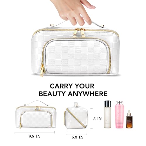 stona Travel Makeup Bag for Women, Large Capacity PU Leather Waterproof Checkered Cosmetic Bags, Portable Pouch Open Flat Toiletry Bag, Make up Organizer with Divider and Handle, White