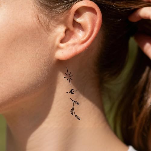 Semi Permanent Tattoos for Women, 2 Sheets Dainty Mini Tiny Fingers Temporary Tattoos, 2 Weeks Moon Star Leaf Floral Snake Lines Dots Fake Tattoos for Hand Neck, Waterproof & Non-Reflective