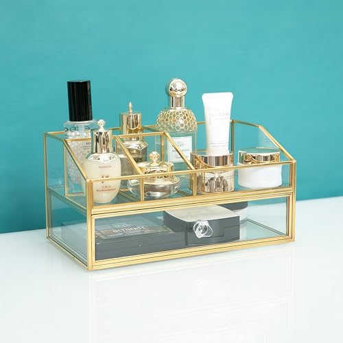 JIARI Glass Makeup Organizer with Drawer, Gold Frame Jewelry Display Box, Nordic Style Cosmetic Storage for Vanity Bathroom Bedroom Office, 9.44x5.43x4.92 Inches (Storage Box-2 Tier)